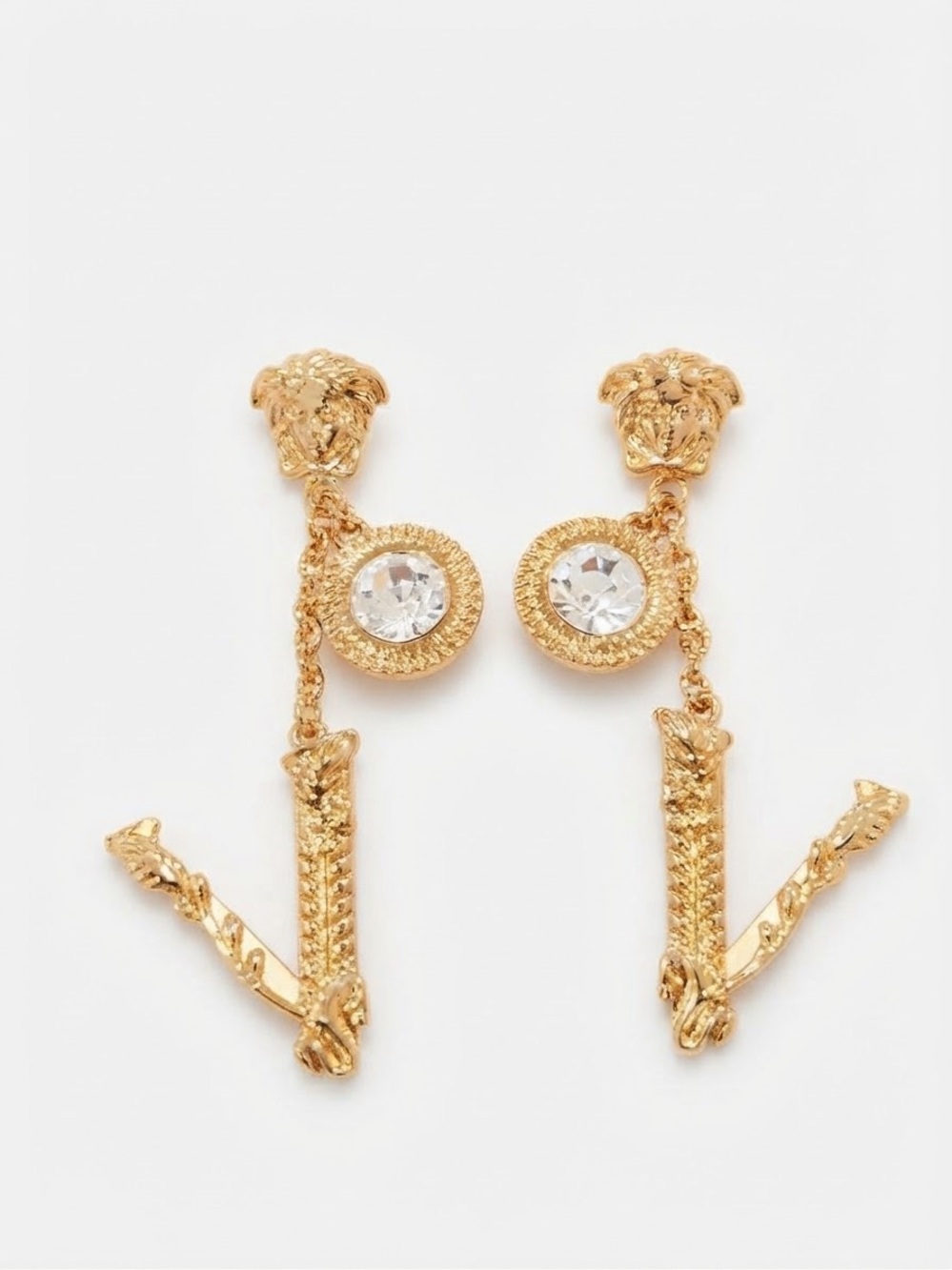 Gold-Tone V Drop Earrings with Clear Crystal